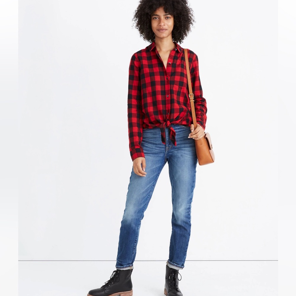 Madewell Red and Black Long Sleeve Flannel Tie Front Buffalo Check Shirt